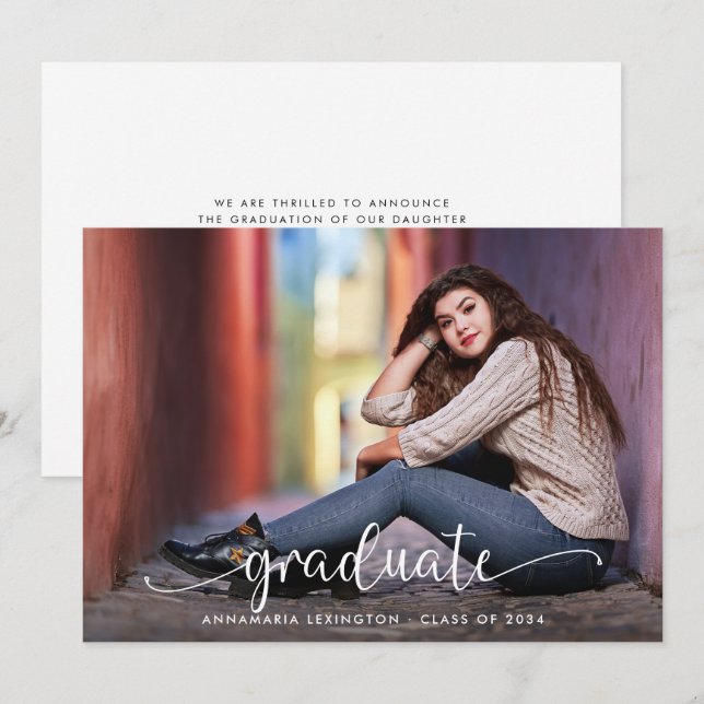 Simple Handwritten Script Modern Photo Graduation Announcement (Front/Back)
