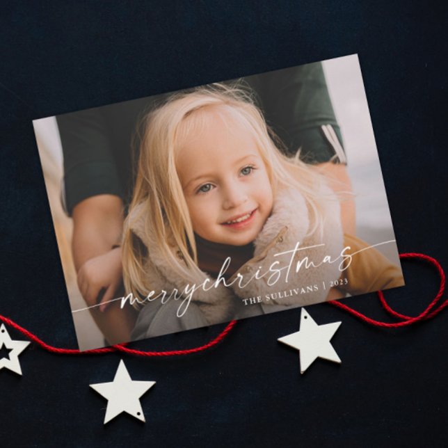 Simple Handwritten Script Photo Christmas Holiday Card (An elegant photo christmas holiday card with handwritten script typography overlay.)