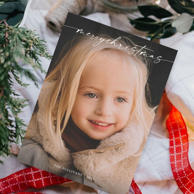 Simple Handwritten Script Photo Christmas Holiday Card (Modern photo Christmas  holiday card with elegant handwritten script typographic overlay.)