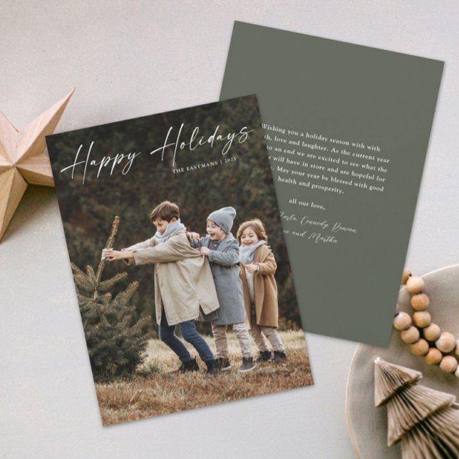 Simple Handwritten Script Photo Happy Holiday Card (A simple photo holiday card with handwritten Happy Holidays script typographic overlay.)
