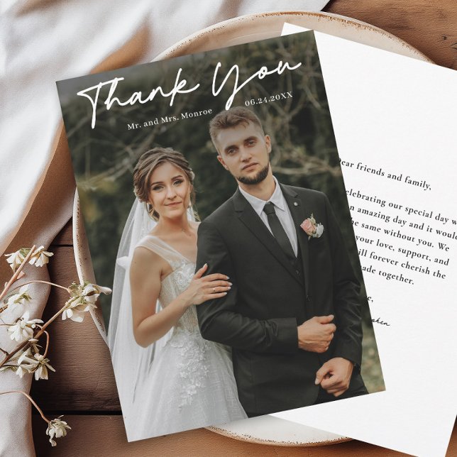 Simple Handwritten Script Photo Wedding Thank You Card (Simple handwritten script wedding photo thank you cards.)