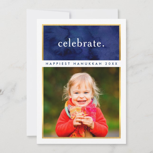 SIMPLE HANUKKAH celebrate square photo gold navy Invitation (Front)