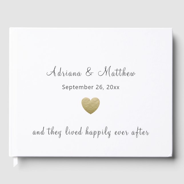 Simple Happily Ever After Gold Heart Wedding Guest Book (Front)