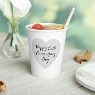 Simple Happy 25th Anniversary Silver Heart Elegant Paper Cups