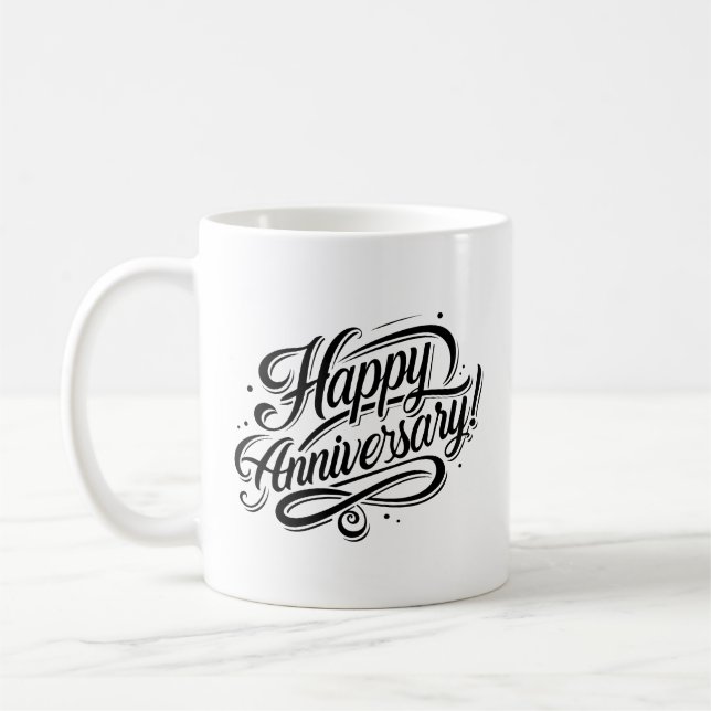 Simple Happy Anniversary Elegant Black Calligraphy Coffee Mug (Left)