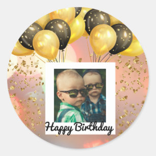 Simple Happy Birthday Add Photo Text Personalised  Classic Round Sticker