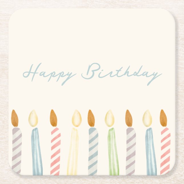Simple “Happy Birthday” with Candles Party Square Paper Coaster (Front)