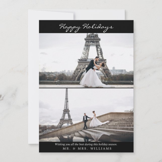 Simple Happy Holidays Black White Photo Collage Holiday Card (Front)