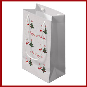 Simple Happy Holidays Christmas Tree and Reindeer Small Gift Bag