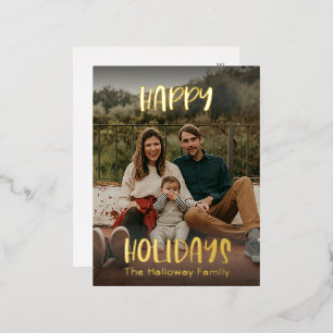 Simple Happy Holidays   Modern Full Photo Gold Foil Holiday Postcard