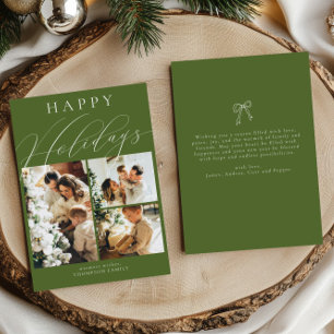Simple Happy Holidays Photo Collage Olive Green Holiday Card