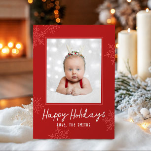 Simple Happy Holidays Script Snowflakes Photo Holiday Card