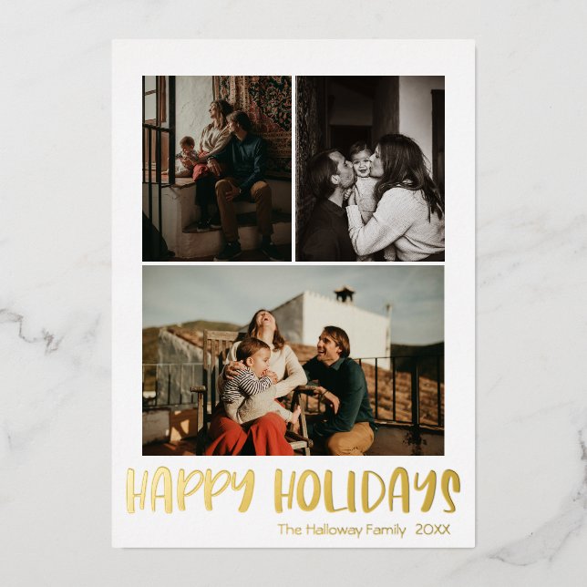 Simple Happy Holidays Vertical 3 Photo | Gold (Front)