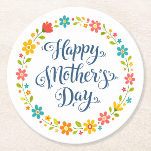 Simple Happy Mother's Day Floral Calligraphy    Round Paper Coaster