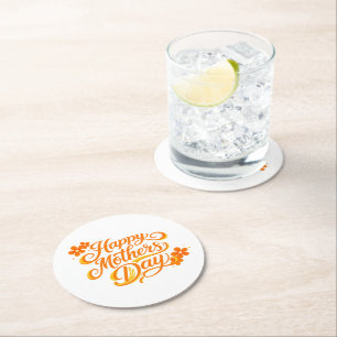 Simple Happy Mother's Day Floral Calligraphy Round Paper Coaster
