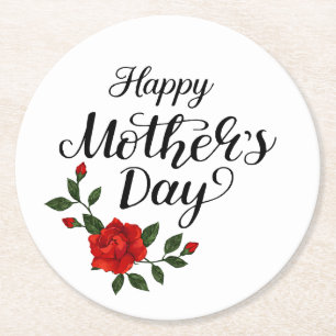 Simple Happy Mother's Day Floral Calligraphy Round Paper Coaster
