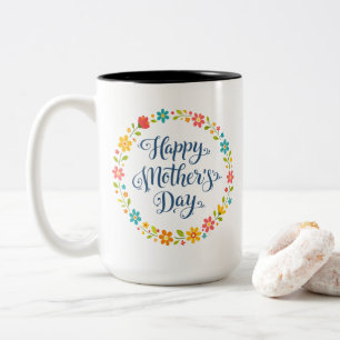 Simple Happy Mother's Day Floral Calligraphy Two-Tone Coffee Mug
