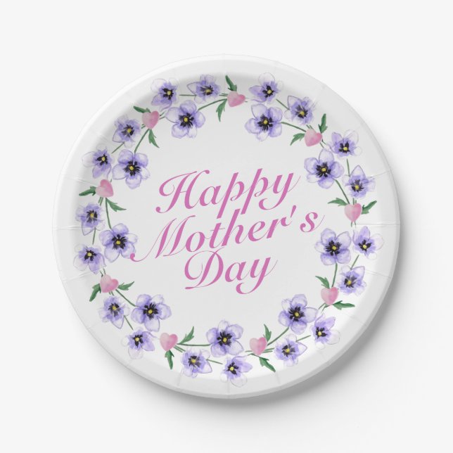 Simple Happy Mother's Day Floral Paper Plate (Front)