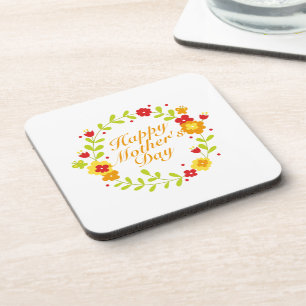 Simple Happy Mother's Day Floral Wreath Coaster