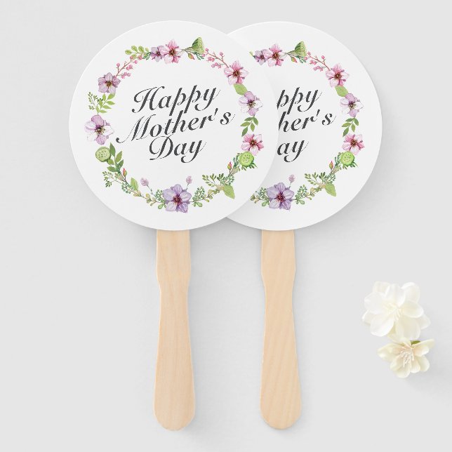Simple Happy Mother's Day Floral Wreath Hand Fan (Front and Back)