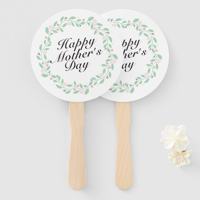 Simple Happy Mother's Day Floral Wreath Hand Fan (Front and Back)