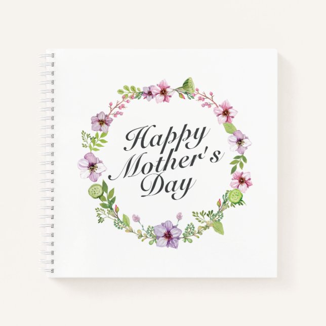 Simple Happy Mother's Day Floral Wreath Notebook (Front)