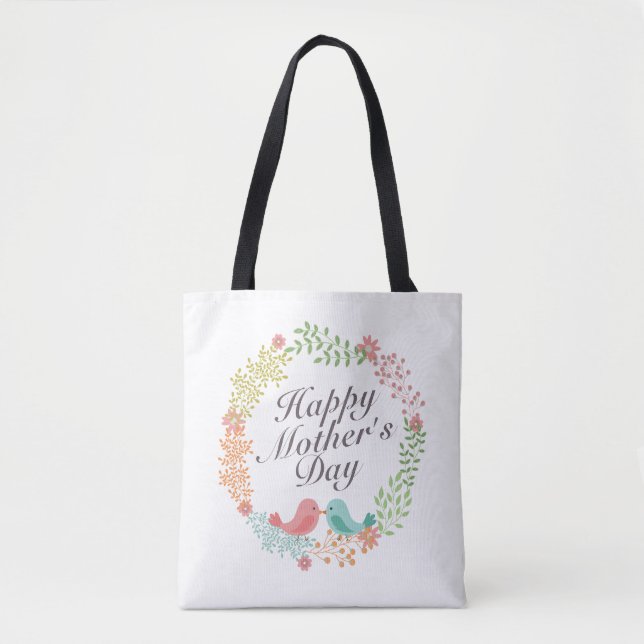 Simple Happy Mother's Day Floral Wreath Tote Bag (Front)
