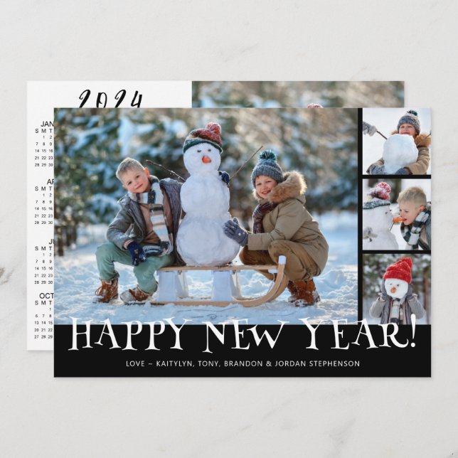 Simple Happy New Year Photo Collage 2024 Calendar  Holiday Card (Front/Back)