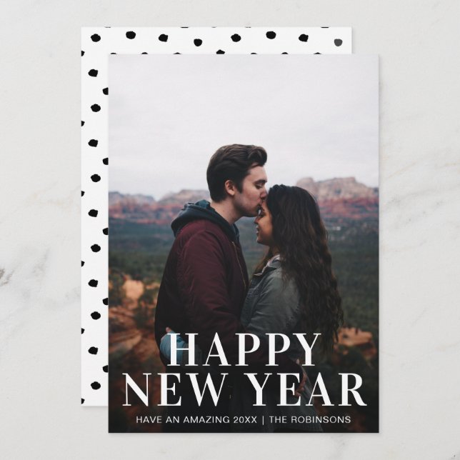 Simple Happy New Year Photo Modern Holiday Card (Front/Back)
