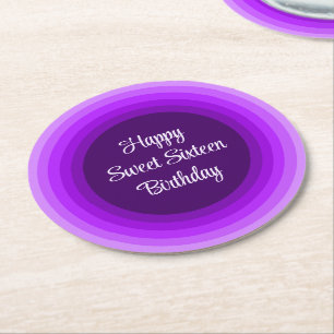 Simple Happy Sweet 16 Birthday Purple Rainbow Round Paper Coaster