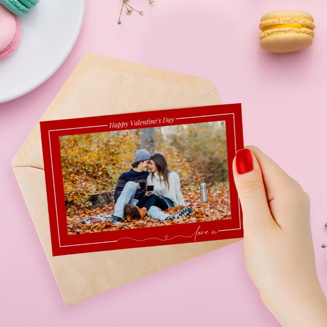 Simple Happy Valentines Day Couple Love Photo Red Holiday Card (Valentines Day couple Photo card)