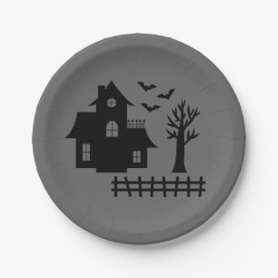 Simple Haunted House Silhouette And Bats Halloween Paper Plate