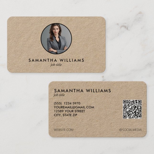 Simple Headshot Custom QR Photo or Logo Kraft Business Card (Front/Back)