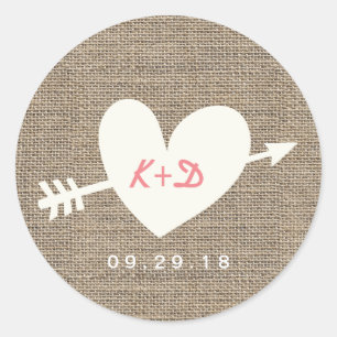 Simple Heart & Arrow Rustic Burlap Wedding Favour Classic Round Sticker