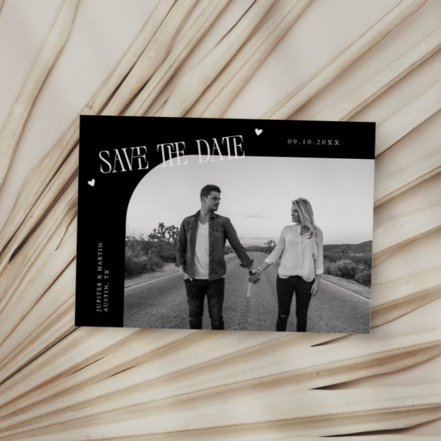 Simple Heart Black Curved Frame Photo Save The Date (Creator Uploaded)