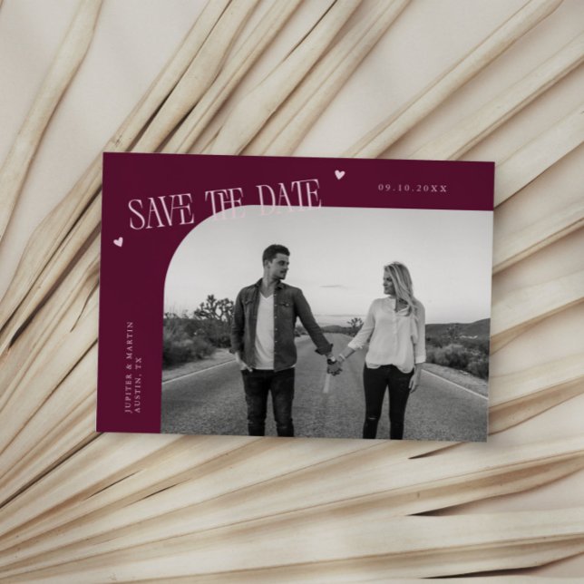 Simple Heart Cranberry Curved Frame Photo Save The Date (Creator Uploaded)
