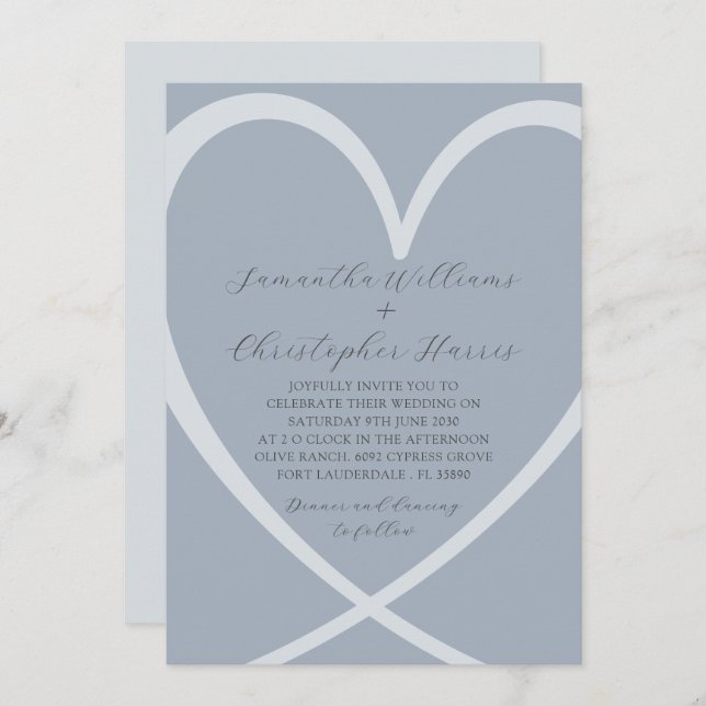 Simple Heart Dusty Blue Wedding Invitation (Front/Back)