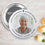 Simple Heart Photo Funeral Memorial Keepsake  6 Cm Round Badge<br><div class="desc">Honour your loved one with this beautiful button featuring a photo highlighted by 3 lines of custom text and a simple heart.  Easily change the background colour to suit your needs. The perfect keepsake memory favour to hand out to family and friends.</div>