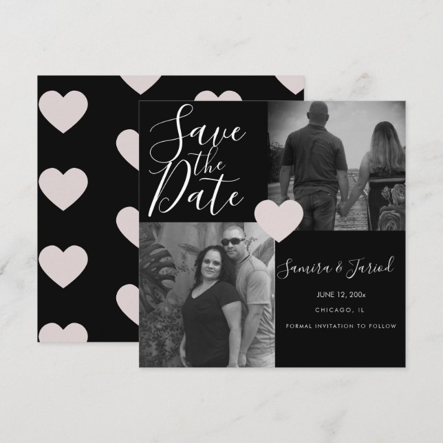 Simple Heart Pink Black Photo Collage Card (Front/Back)