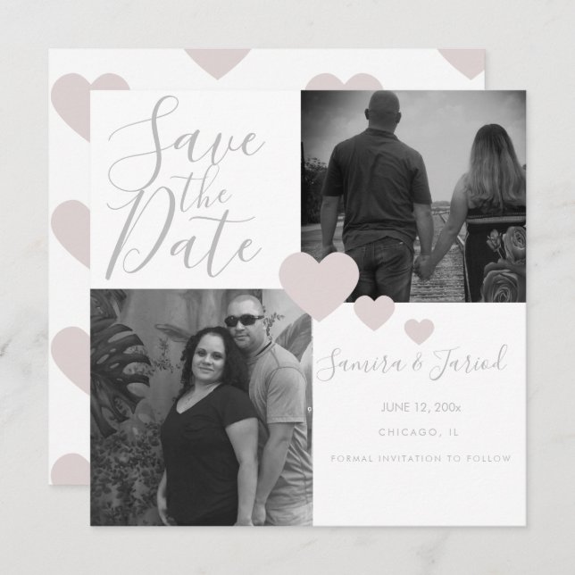 Simple Heart Pink Grey Photo Collage Card (Front/Back)