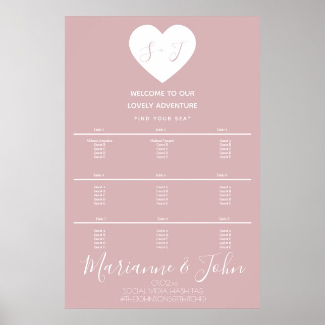 Simple Heart Pink Wedding Logo Seating Chart (Front)