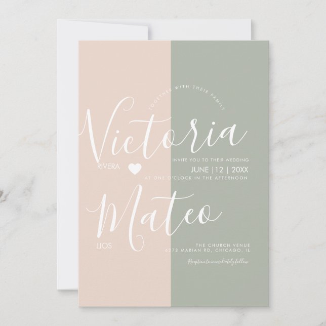 Simple Heart Script Typography Sage Pink Wedding   Invitation (Front)