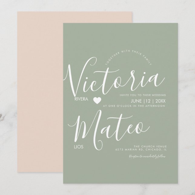 Simple Heart Script Typography Sage Wedding  Invitation (Front/Back)