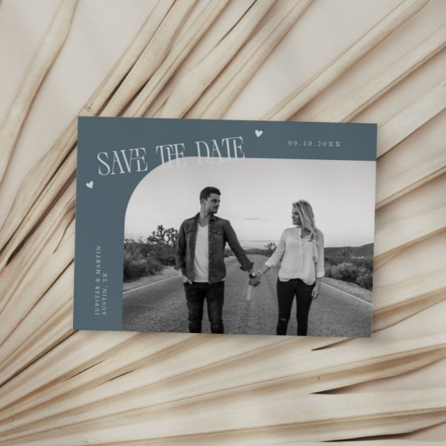 Simple Heart Slate Blue Curved Frame Photo Save The Date (Creator Uploaded)
