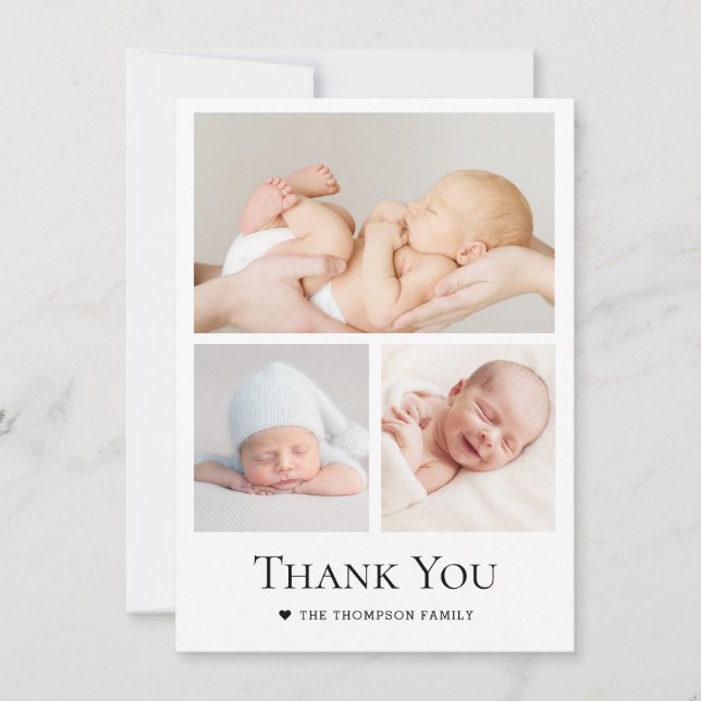 Simple Heart Typography Photo Grid Baby Boy Thank You Card (Front)