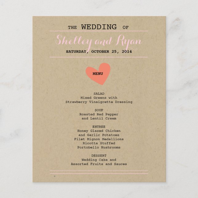 Simple Heart Wedding Menu Card (Front)