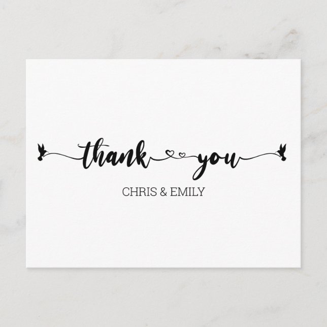 Simple Hearts and Bird Calligraphy Thank You Postcard (Front)