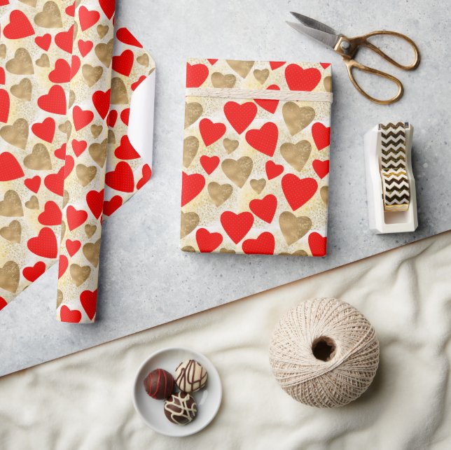 Simple Hearts Pattern in Red & Faux Gold Glitter Wrapping Paper (Crafts)