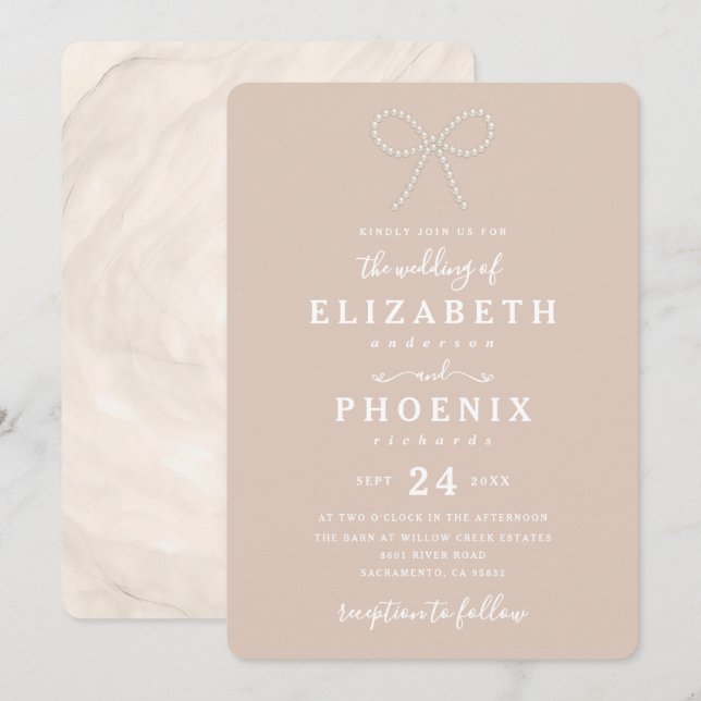 Simple Heirloom Pink Pearl Bow Trendy Wedding Invitation (Front/Back)