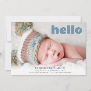 Simple Hello Blue Script Blue Back Baby Boy Photo Announcement